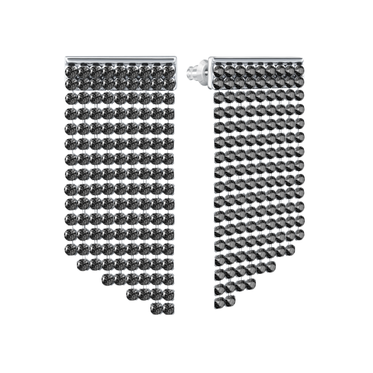 Wiszące kolczyki SWAROVSKI Fit grafitowe na czarnym tle, widok z przodu