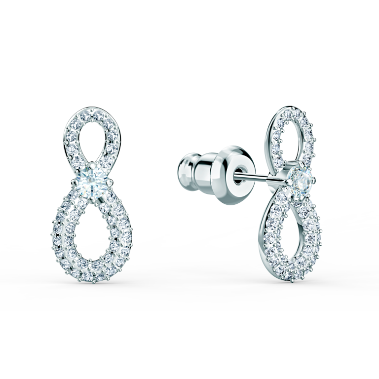 Kolczyki Swarovski Hyperbola nieskończoność białe - widok z przodu i boku