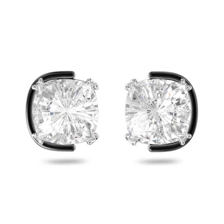 Białe kolczyki SWAROVSKI Harmonia widziane z przodu na czarnym tle