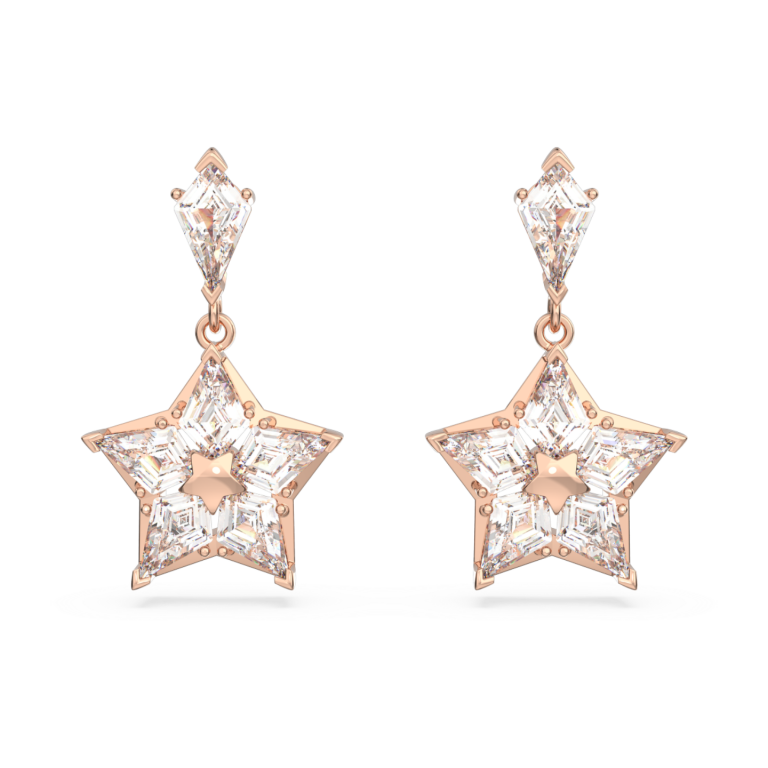 Długie kolczyki Swarovski Stella z motywem gwiazd w różowozłotym kolorze, widok z przodu