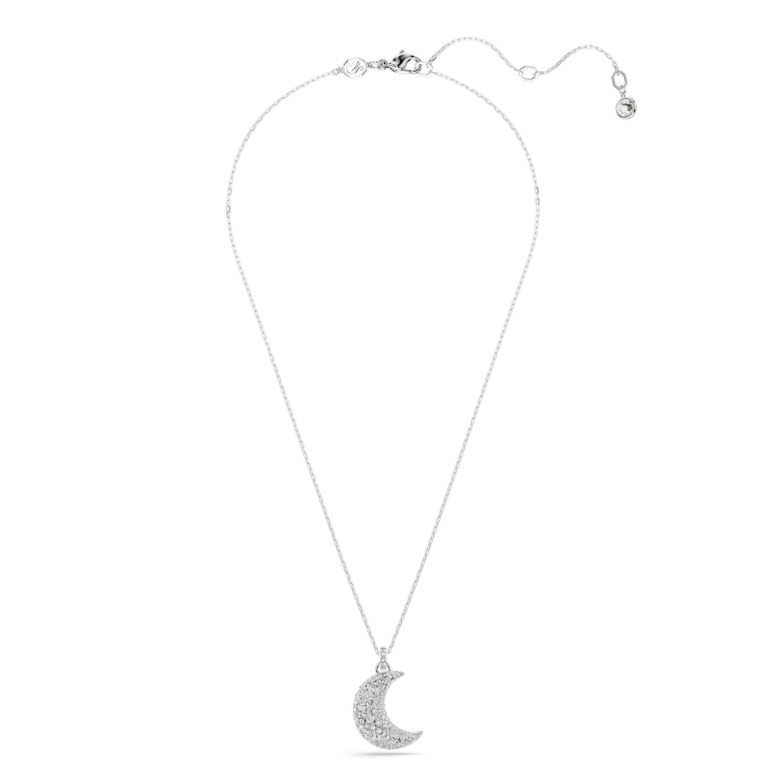 Biały wisiorek Swarovski Luna z motywem księżyca pokazany z łańcuszkiem