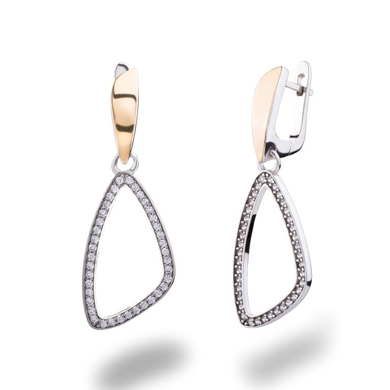 Srebrne kolczyki 925 ze złotem 375 i cyrkoniami o otwartej trójkątnej formie, widok z boku