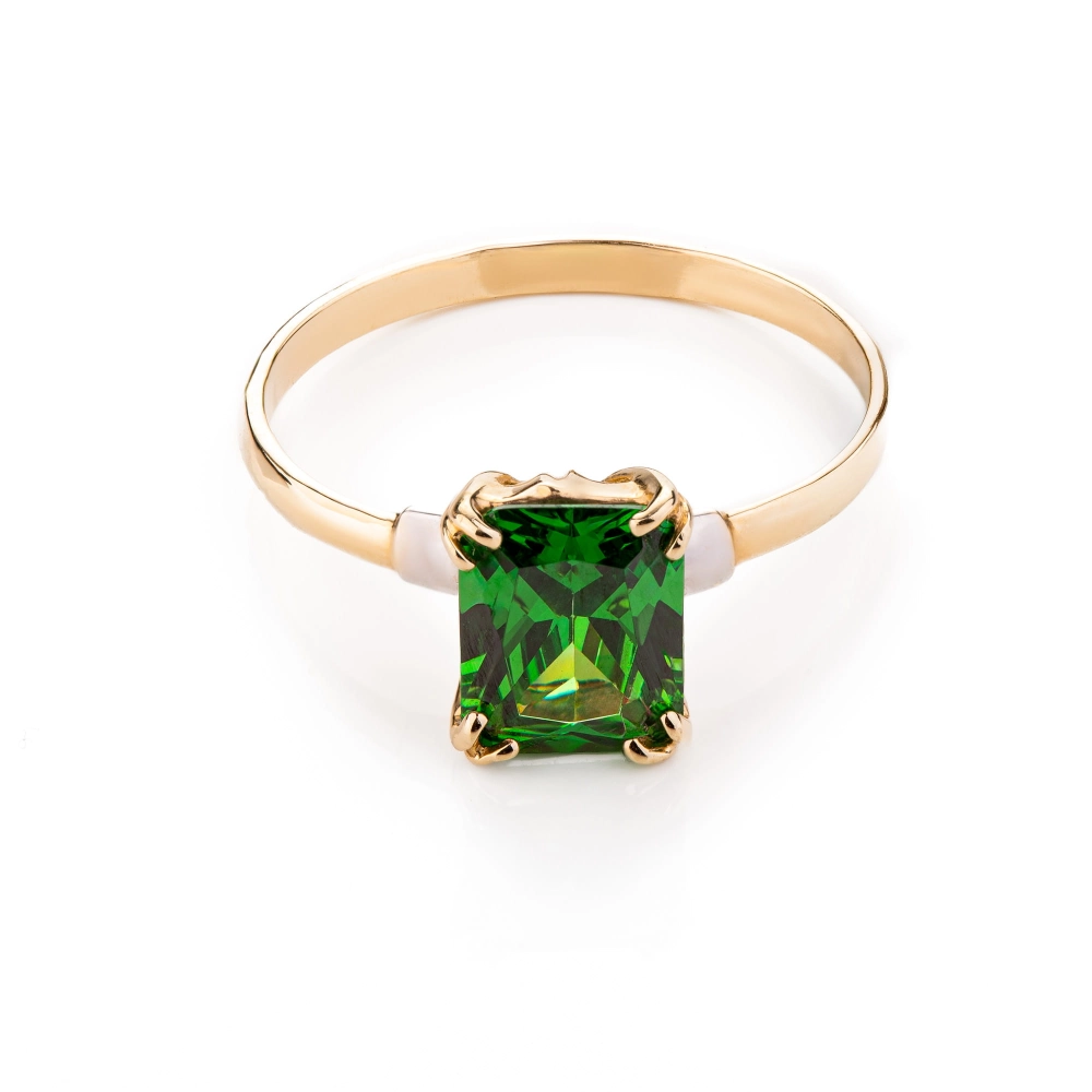 Złoty pierścionek 585 z zieloną kwadratową cyrkonią – widok od góry