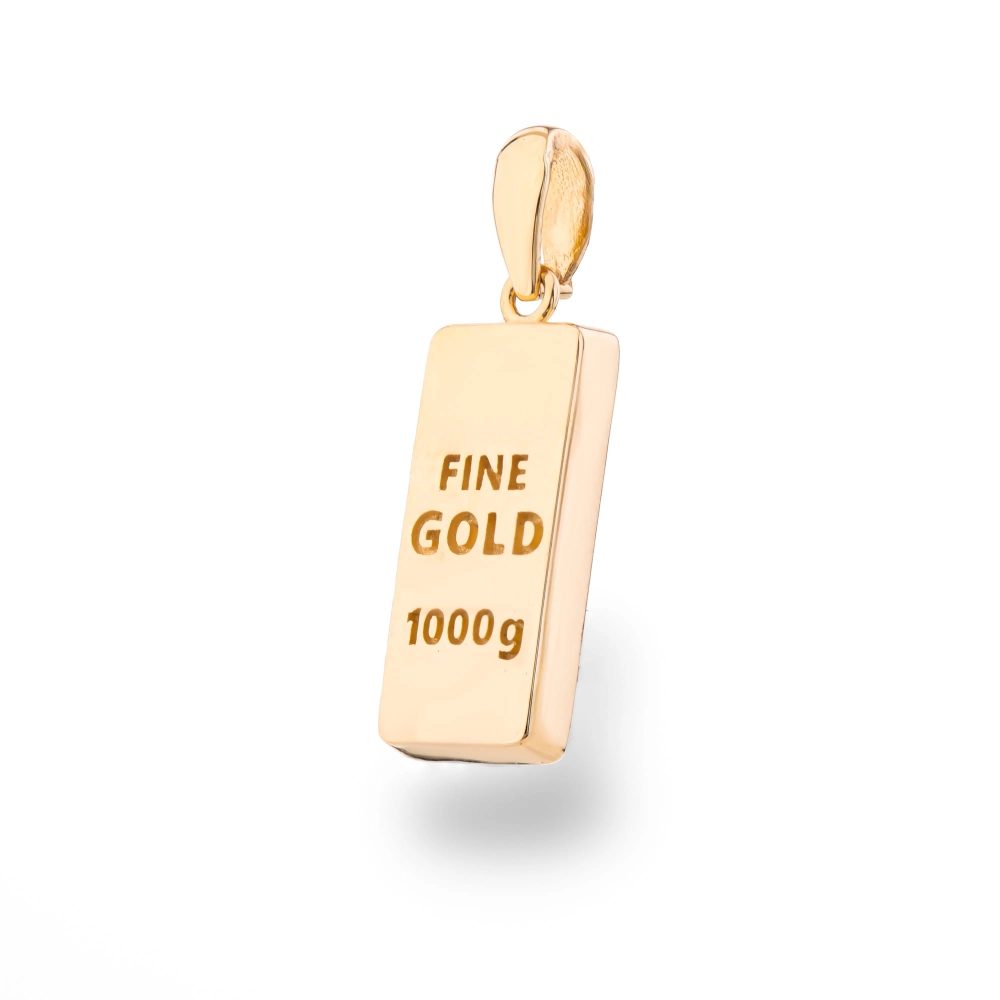 Złota zawieszka 585 w kształcie sztabki Fine Gold widziana z boku
